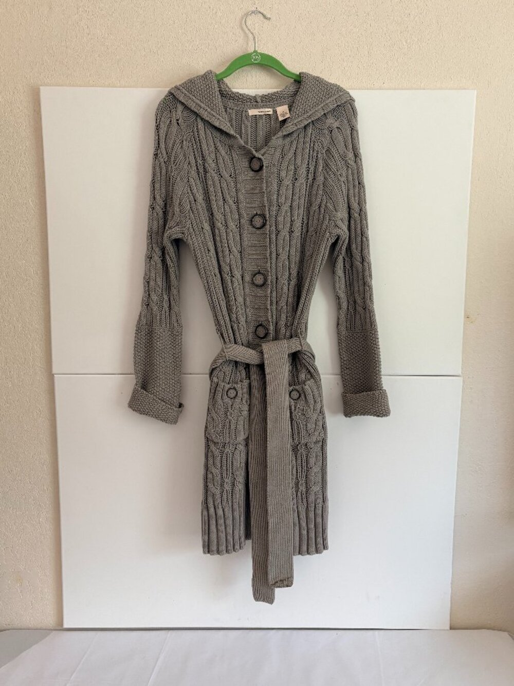 DKNY Jeans Taupe Cable Knit Hooded Cardigan Sweater Waist Belt Front Buttons M